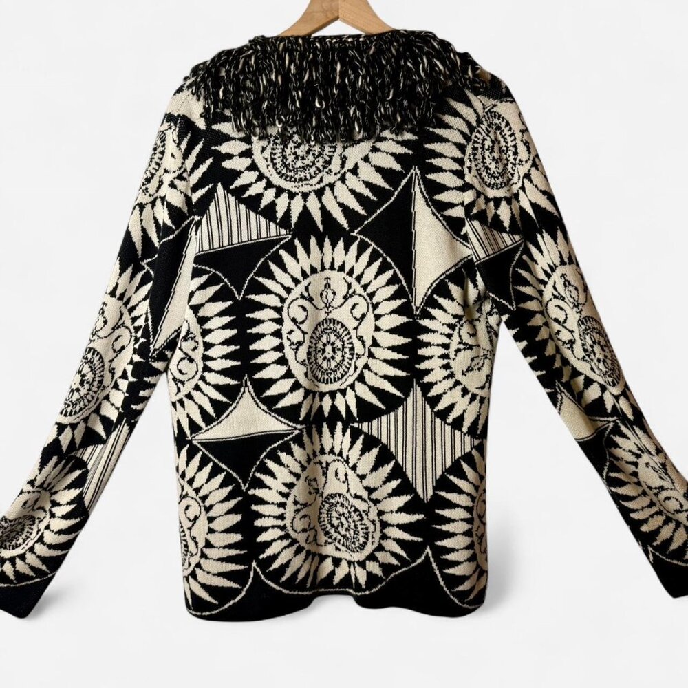 Chico’s - Woman's Black & White Retro Statement Cardigan with Faux Fur Trim | B - Picture 2 of 4